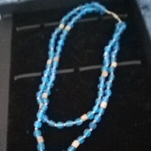 Double Strand Blue Beaded Necklace with Silver Accents - Women Jewelry
